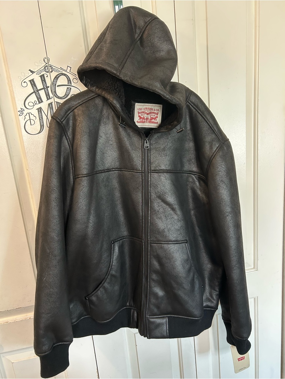 Levi's Men's Faux Leather Hooded Bomber Jacket Black Size XXL New